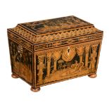 A Regency penworked tea caddy, circa 1815, of sarcophagus form  A Regency penworked tea caddy,