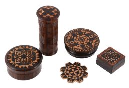 Five items of Tunbridge ware, comprising: a rosewood cylindrical counter box  Five items of