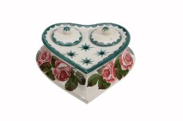 A Wemyss heart shaped inkwell and covers, circa 1900, painted with pink roses  A Wemyss heart shaped