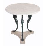 A Victorian cast iron pub table, with white variegated circular marble top  A Victorian cast iron