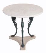 A Victorian cast iron pub table, with white variegated circular marble top  A Victorian cast iron