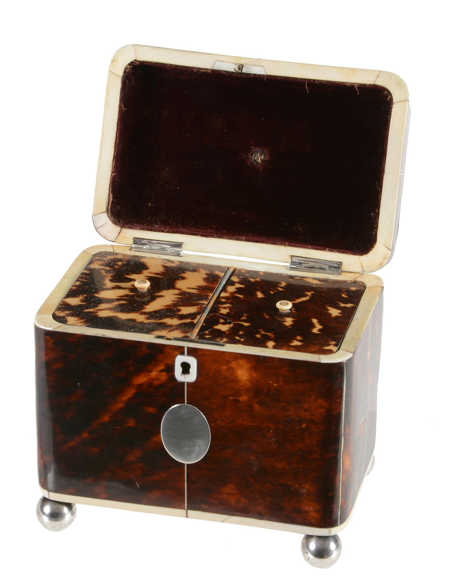 A late George III tortoiseshell veneered and ivory banded tea caddy, circa 1800  A late George III - Image 2 of 2