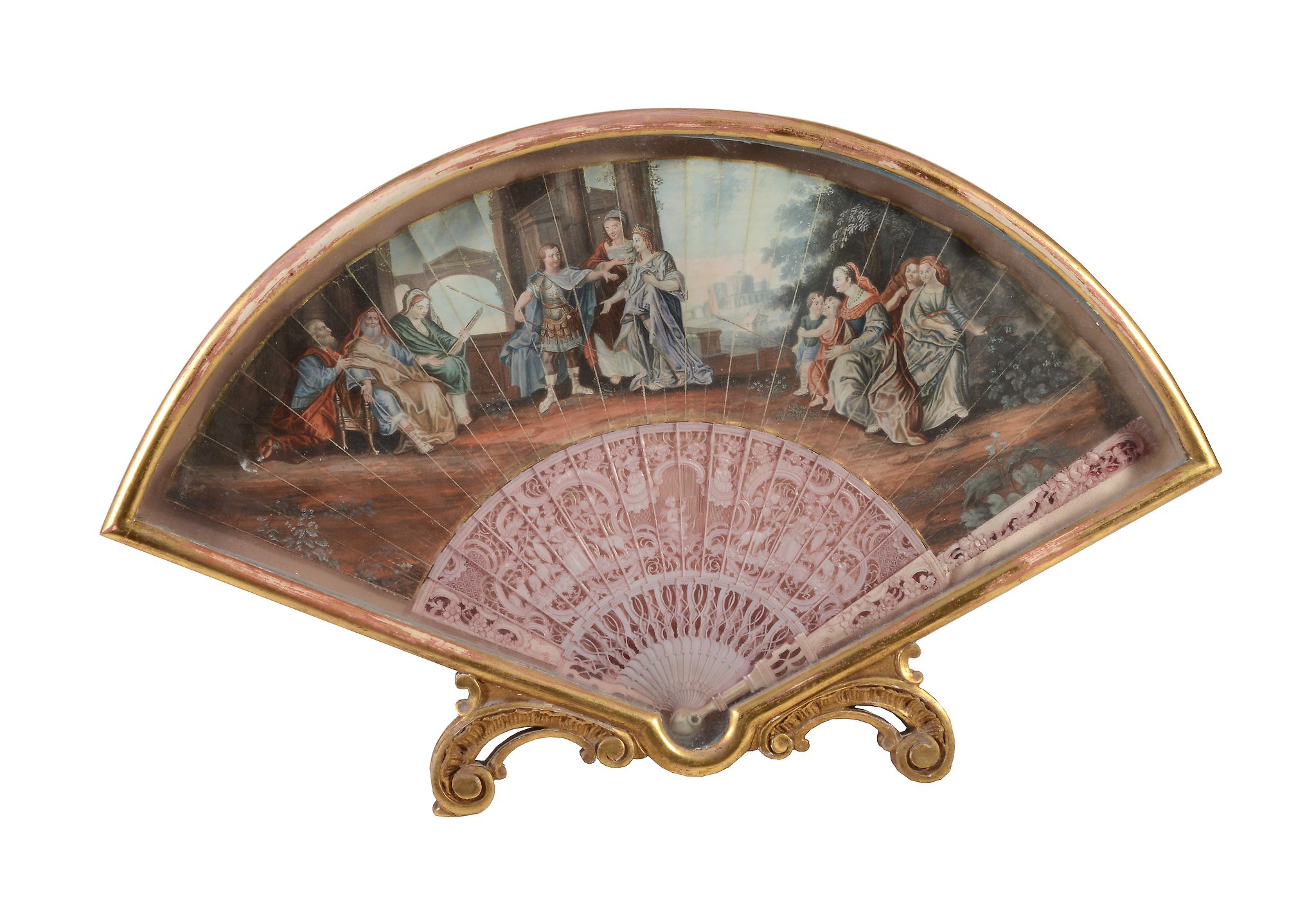 A painted paper and stained ivory fan, early 19th century  A painted paper and stained ivory