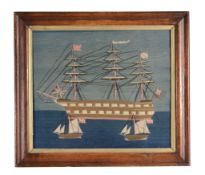 A framed and glazed long-stitch wool-work picture of a Royal Naval third or...  A framed and