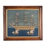 A framed and glazed long-stitch wool-work picture of a Royal Naval third or...  A framed and