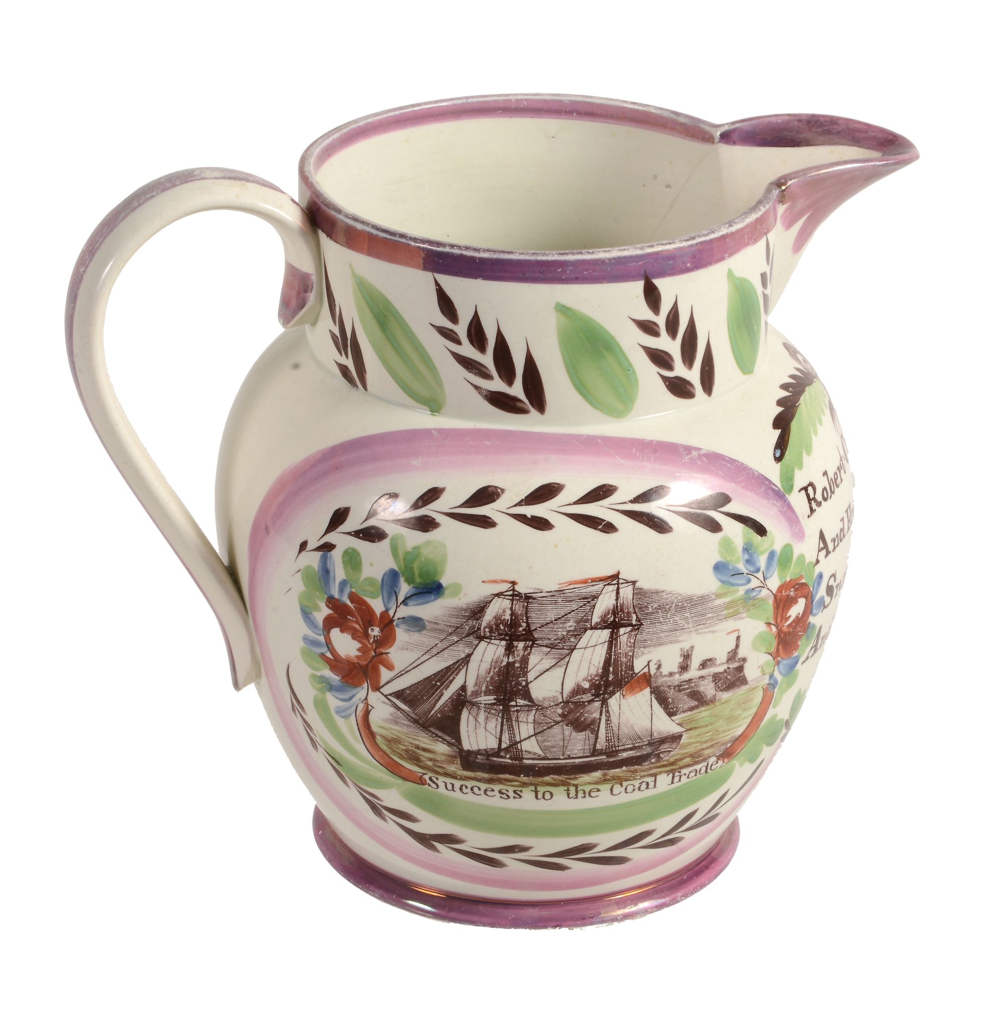 A Sunderland pottery pink-lustre dated commemorative jug  A Sunderland pottery pink-lustre dated - Image 2 of 2