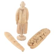 Three 19th century ivory novelty needle or bodkin cases, comprising  Three 19th century ivory