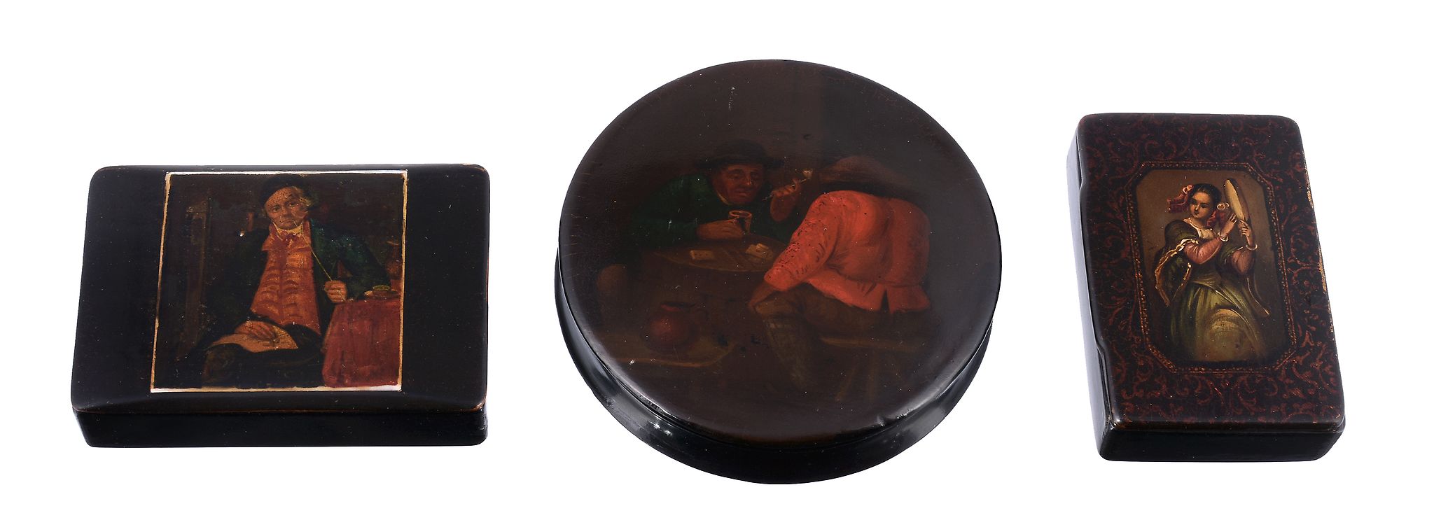 A German papier mache circular bonbonniere or snuff box, early 19th century  A German papier mache