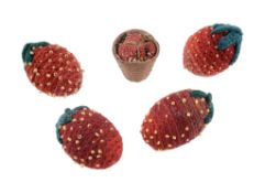 Four Regency strawberry emery pincushions, circa 1815, wool and glass beads  Four Regency strawberry