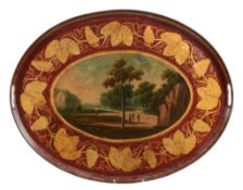 A French red and parcel gilt tole peinte oval tray, circa 1820  A French red and parcel gilt  tole