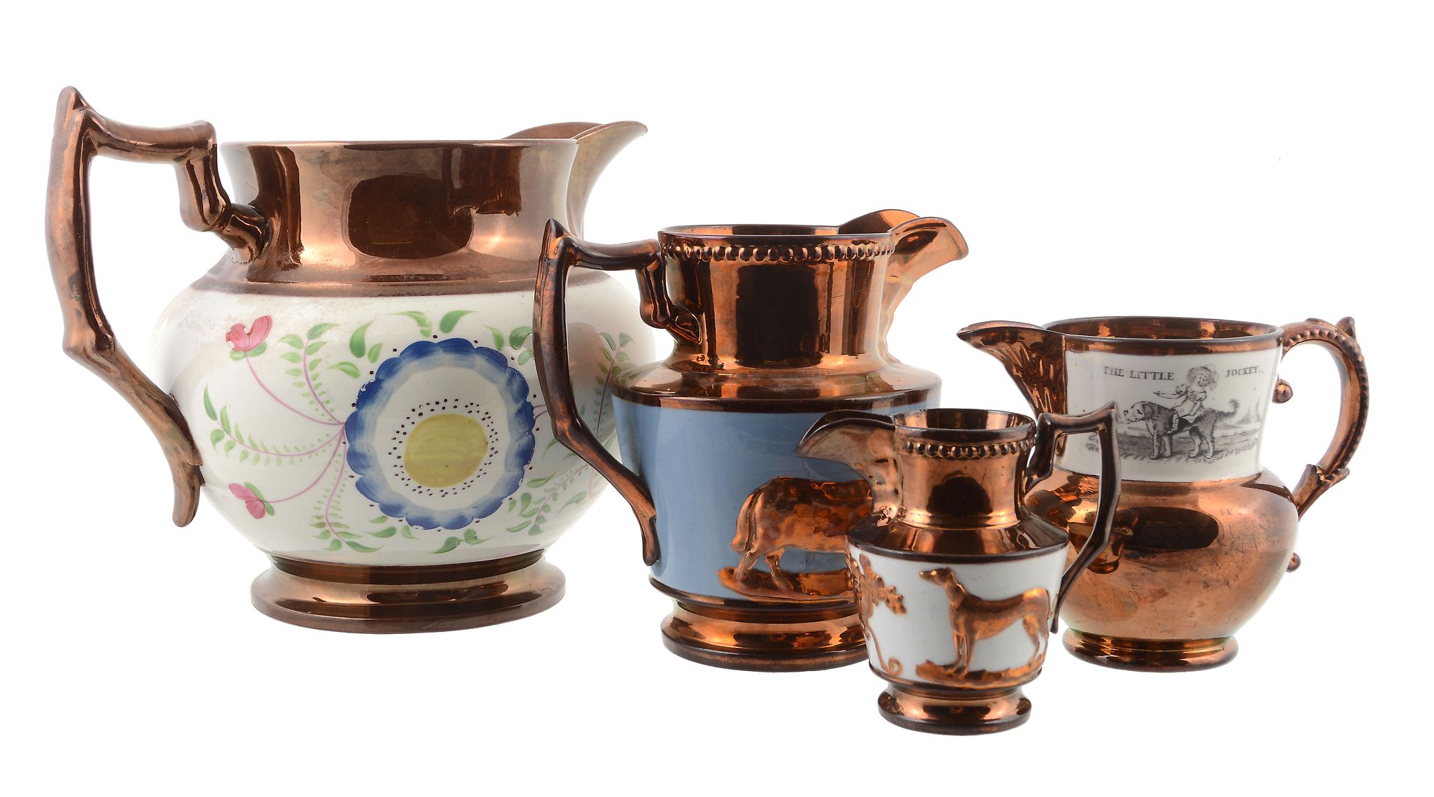 Four various British pottery copper-lustre jugs , mid 19th century  Four various British pottery