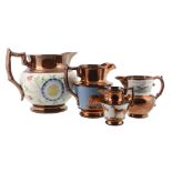 Four various British pottery copper-lustre jugs , mid 19th century  Four various British pottery