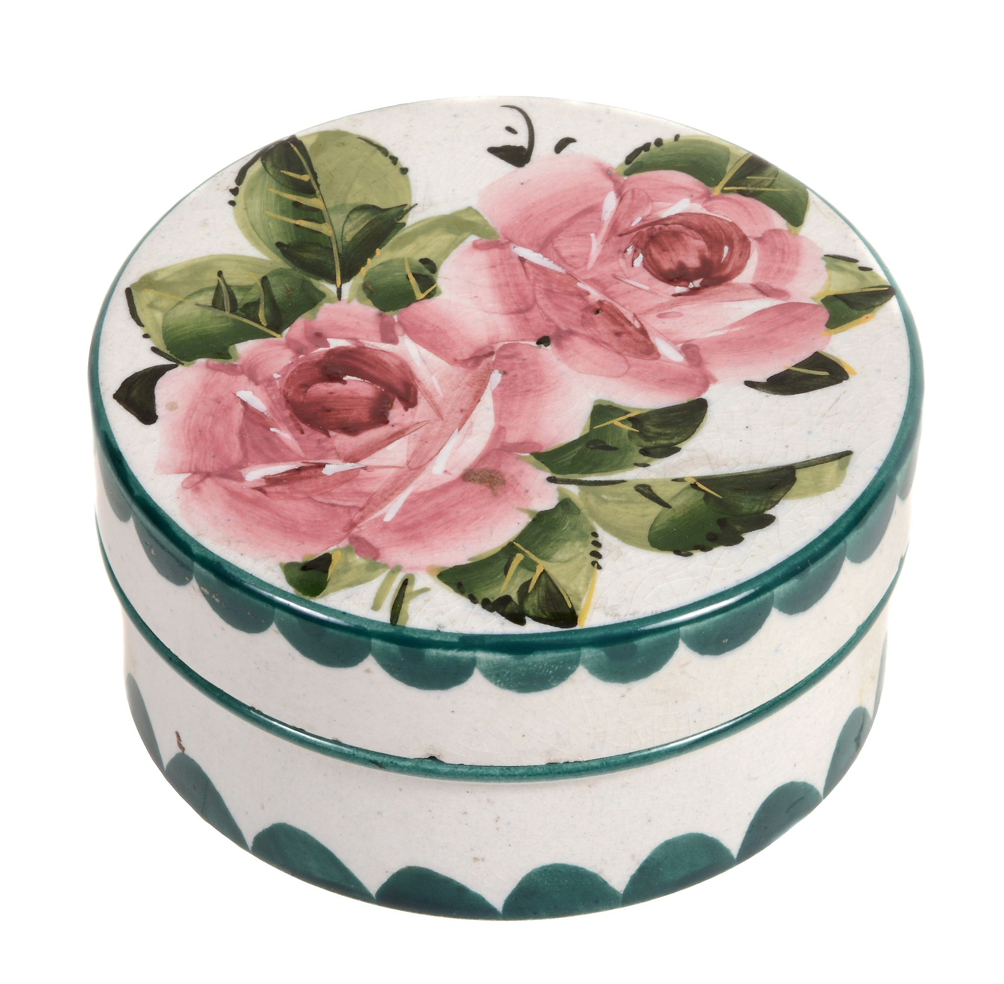 A Wemyss low pomade pot ans cover, circa 1900, painted with pink roses  A Wemyss low pomade pot