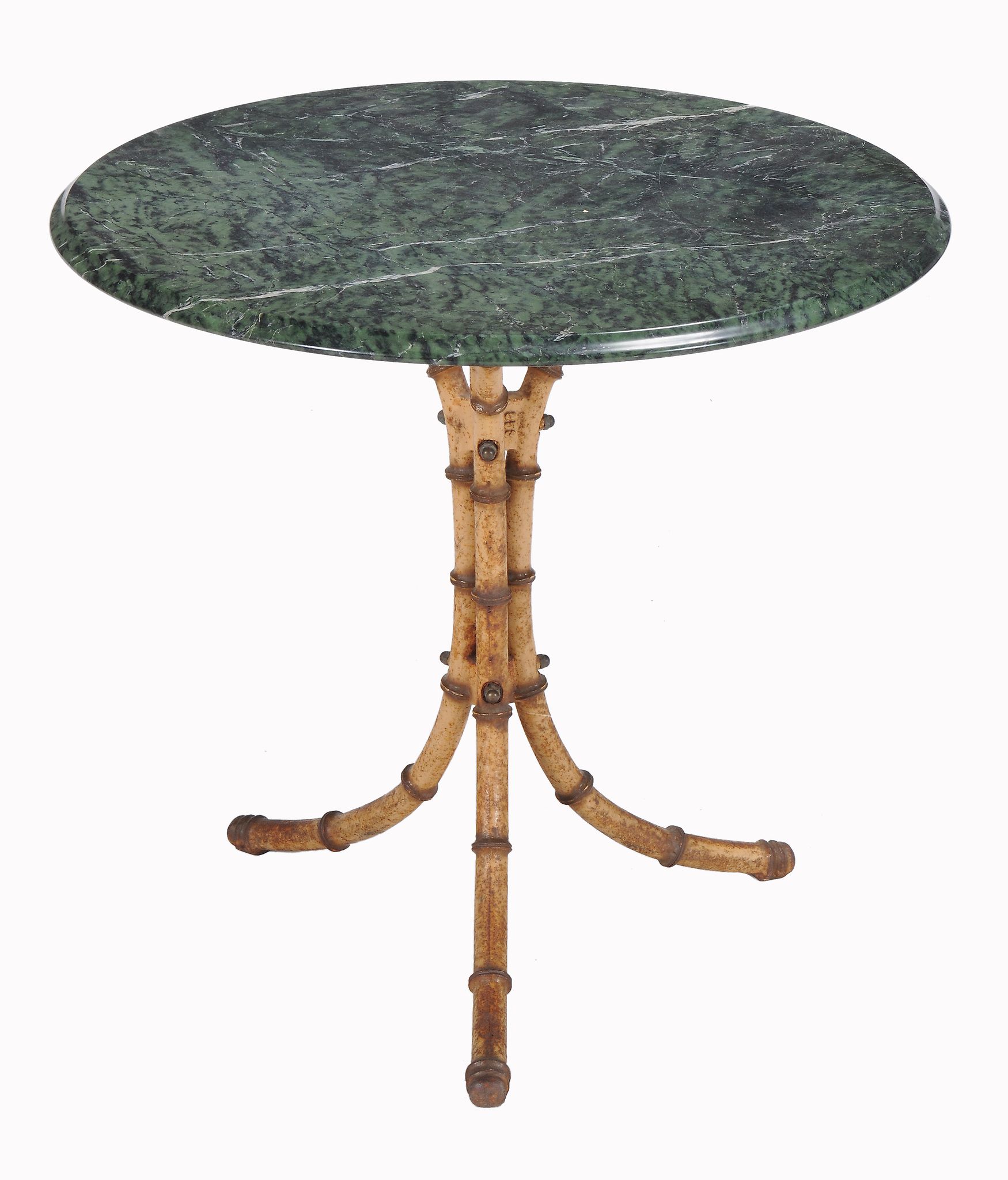 A serpentine marble mounted cast iron tripod table , circa 1880 and later  A serpentine marble