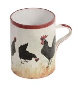 A Wemyss tankard, circa 1890, painted with a black cockerel surveying his...  A Wemyss tankard,