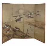 A Chinese four-fold screen, each panel painted with mallard ducks  A Chinese four-fold screen,