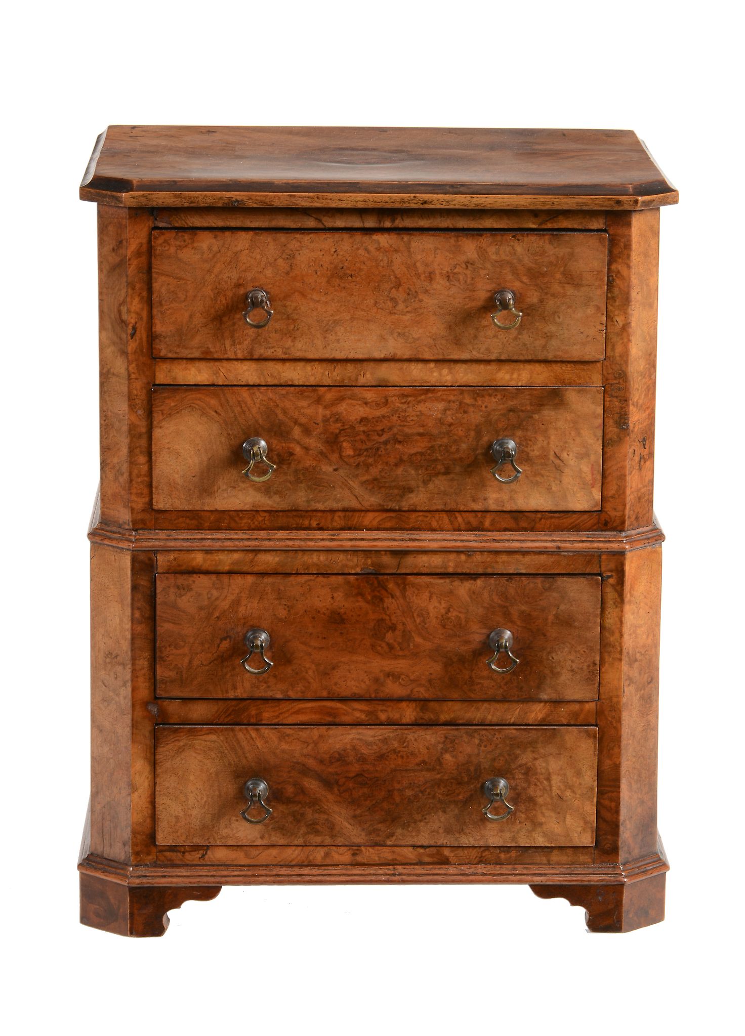 A miniature walnut chest on chest in George III style  A miniature walnut chest on chest in George