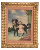 English School (19th Century) - Portrait of a young girl with a newfoundland dog Watercolour over