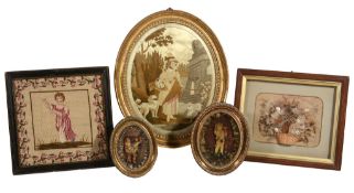 A framed and glazed Regency oval silk-work picture of a shepherdess  A framed and glazed Regency