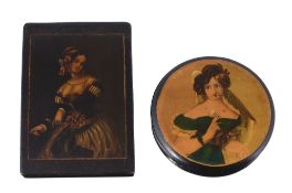 A paper mache circular snuff box, circa 1830  A paper mache circular snuff box,   circa 1830, the
