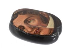 A papier mache novelty snuff box, circa 1820, the cover shaped  A papier mache novelty snuff