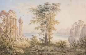 Neapolitan School (19th Century) - Classical ruins in a coastal landscape Watercolour, over