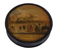 A German papier mache circular snuff box, circa 1835  A German papier mache circular snuff box,