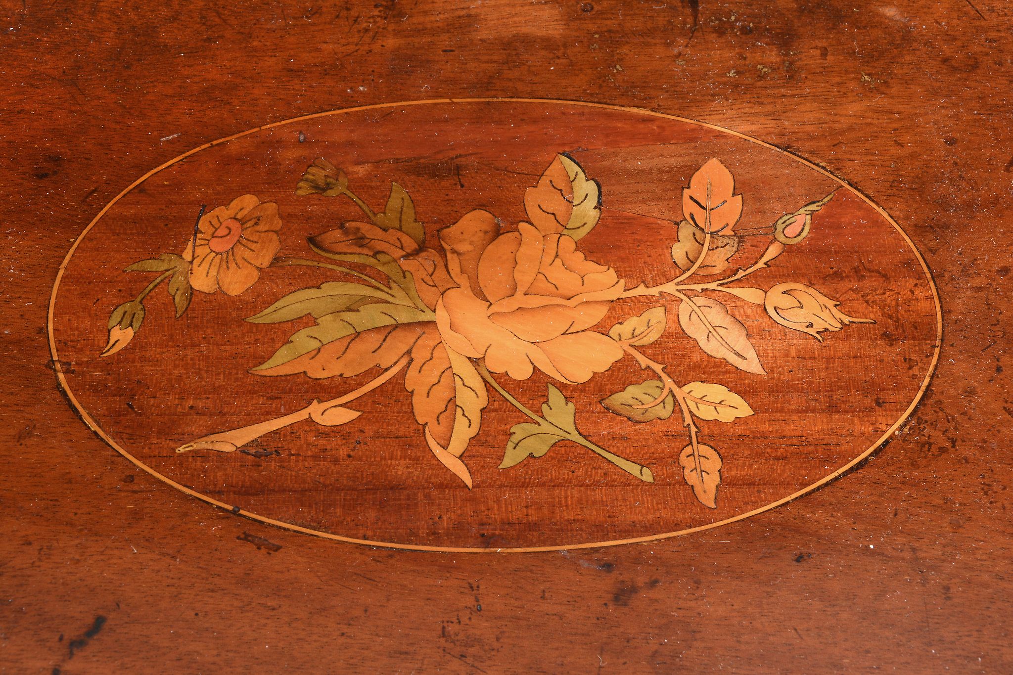 A George III mahogany, satinwood crossbanded and marquetry inset oval tray  A George III mahogany, - Image 2 of 2