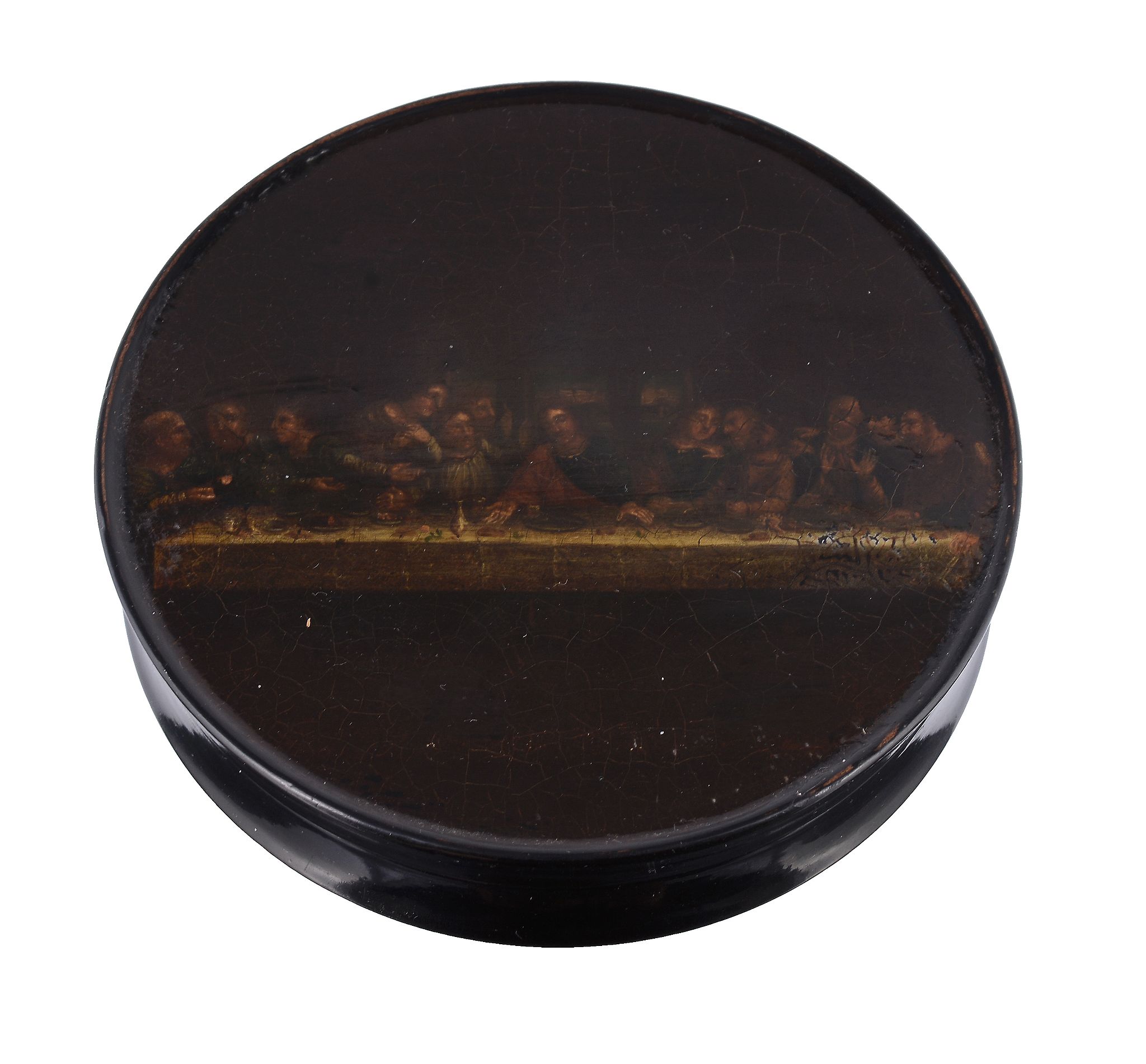 A German papier mache circular snuff box, circa 1820  A German papier mache circular snuff box,