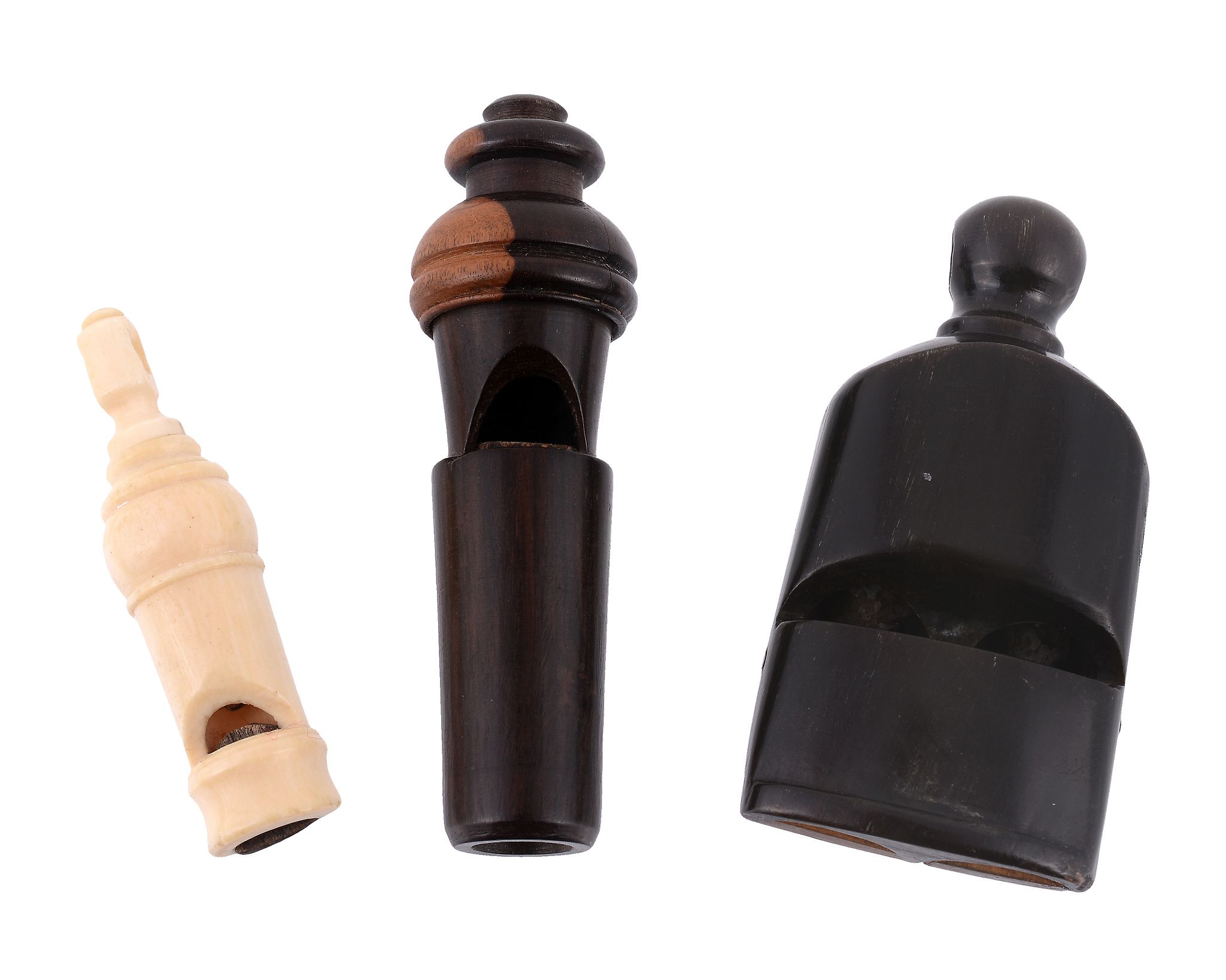 Two turned lignum vitae whistles, early 19th century, one a double whistle, 6  Two turned lignum