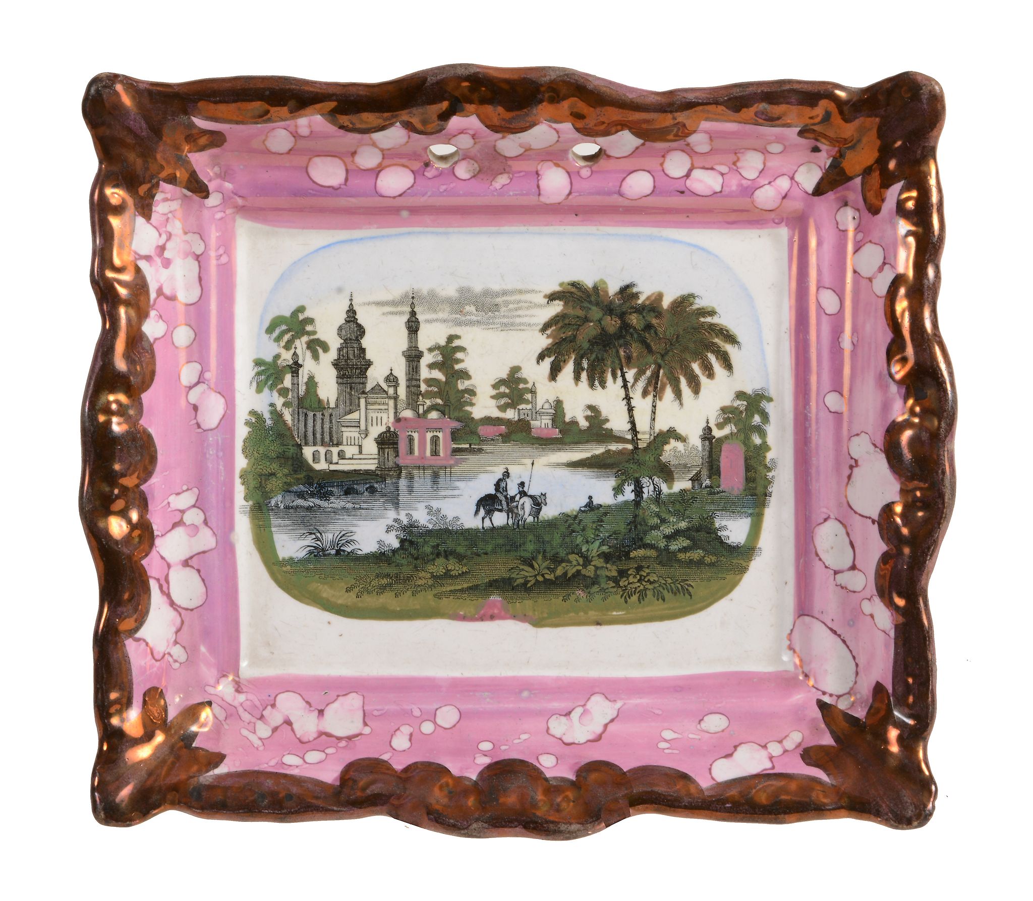 A Sunderland pink lustre shaped rectangular plaque, first half 19th century  A Sunderland pink