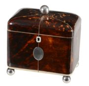 A late George III tortoiseshell veneered and ivory banded tea caddy, circa 1800  A late George III