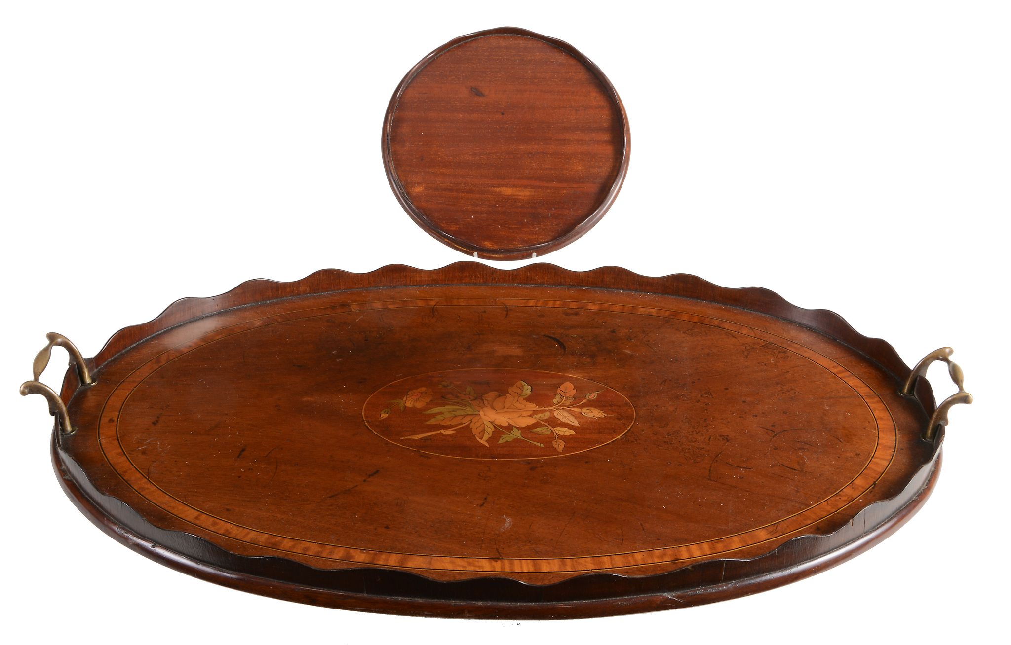 A George III mahogany, satinwood crossbanded and marquetry inset oval tray  A George III mahogany,