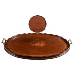 A George III mahogany, satinwood crossbanded and marquetry inset oval tray  A George III mahogany,