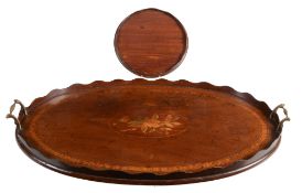 A George III mahogany, satinwood crossbanded and marquetry inset oval tray  A George III mahogany,