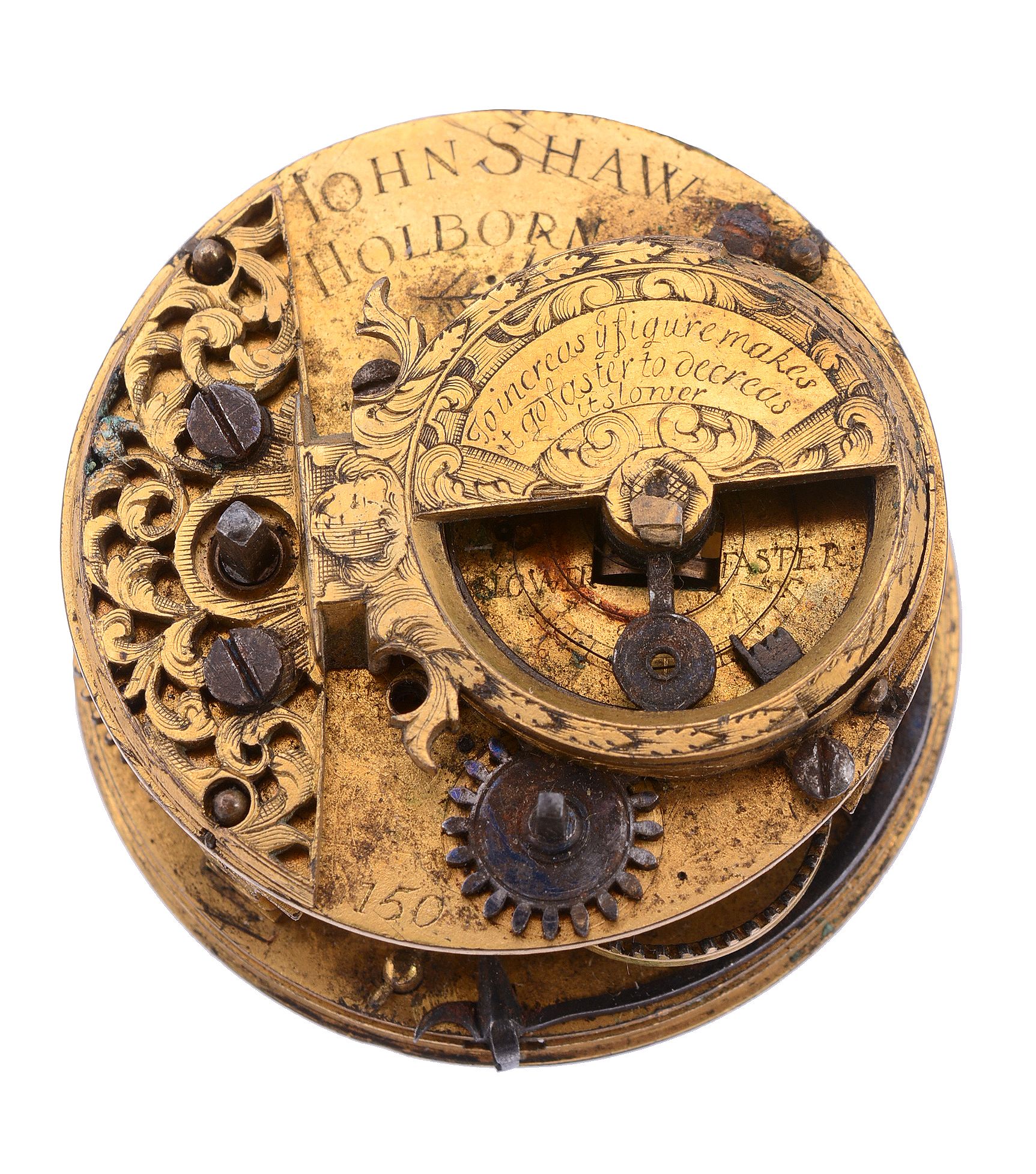 A fine William III gilt brass verge pocket watch movement with 'pendulum