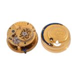 A George II gilt brass verge pocket watch movement with cylinder escapement...