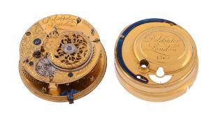 A George II gilt brass verge pocket watch movement with cylinder escapement...