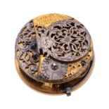 A Queen Anne gilt brass verge pocket watch movement with silver balance cock...