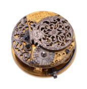 A Queen Anne gilt brass verge pocket watch movement with silver balance cock...