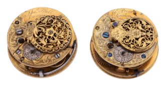 Two similar George III gilt brass verge pocket watch movements John Preist