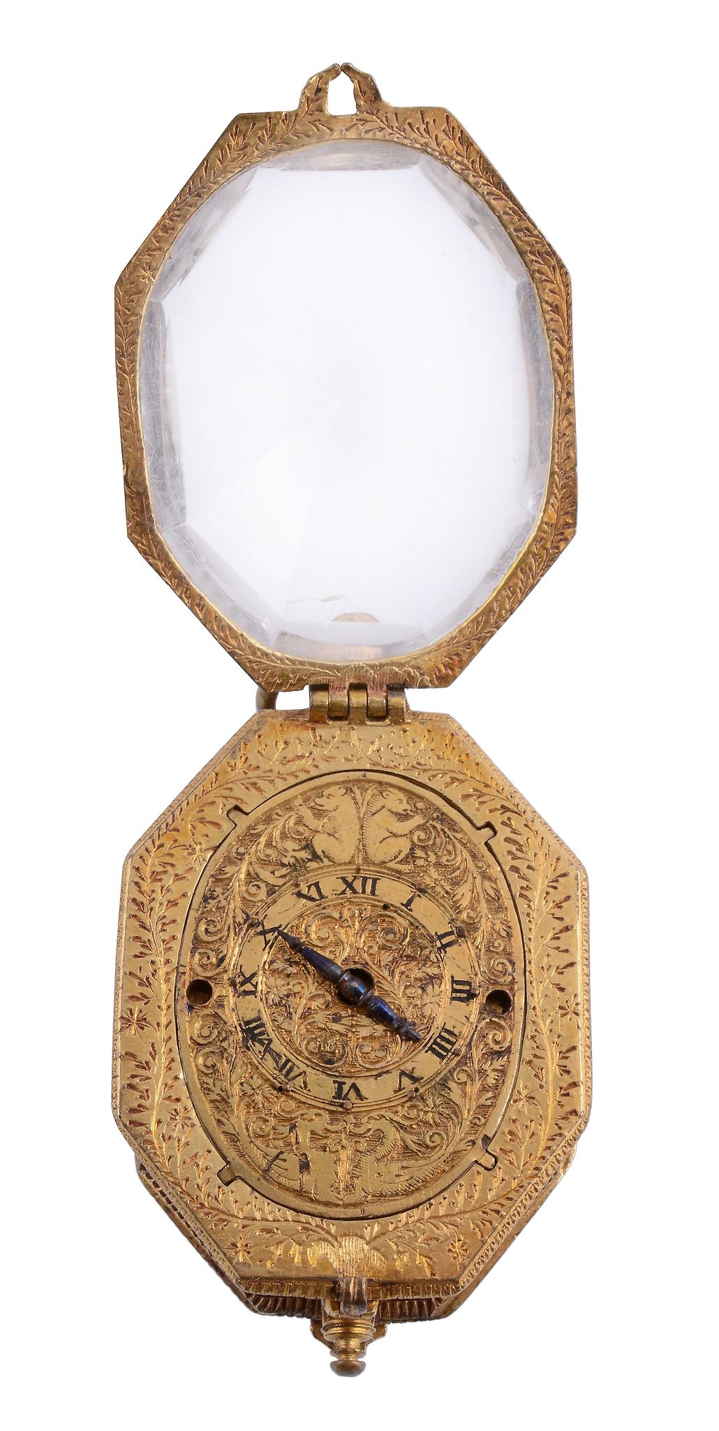 A fine Renaissance gilt brass and rock crystal pre-hairspring pendant watch...