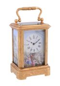 A French engraved gilt brass miniature carriage timepiece with painted...