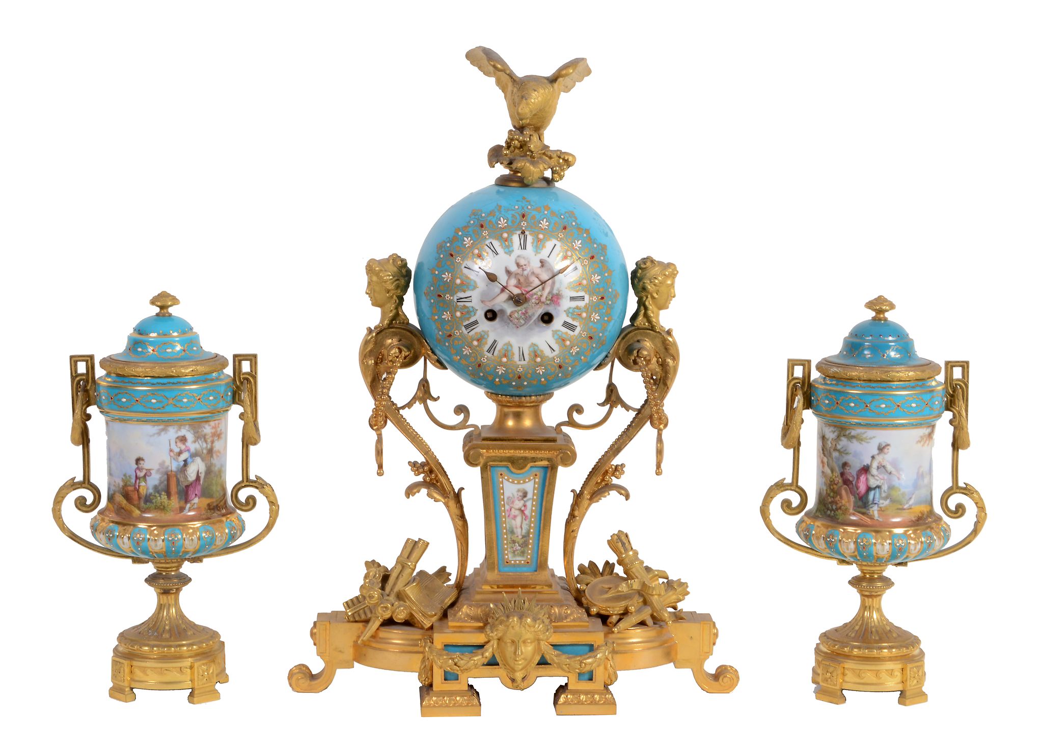 A fine French Sevres style porcelain mounted ormolu mantel clock garniture