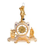 A French alabaster and gilt metal novelty mantel clock with conical pendulum...