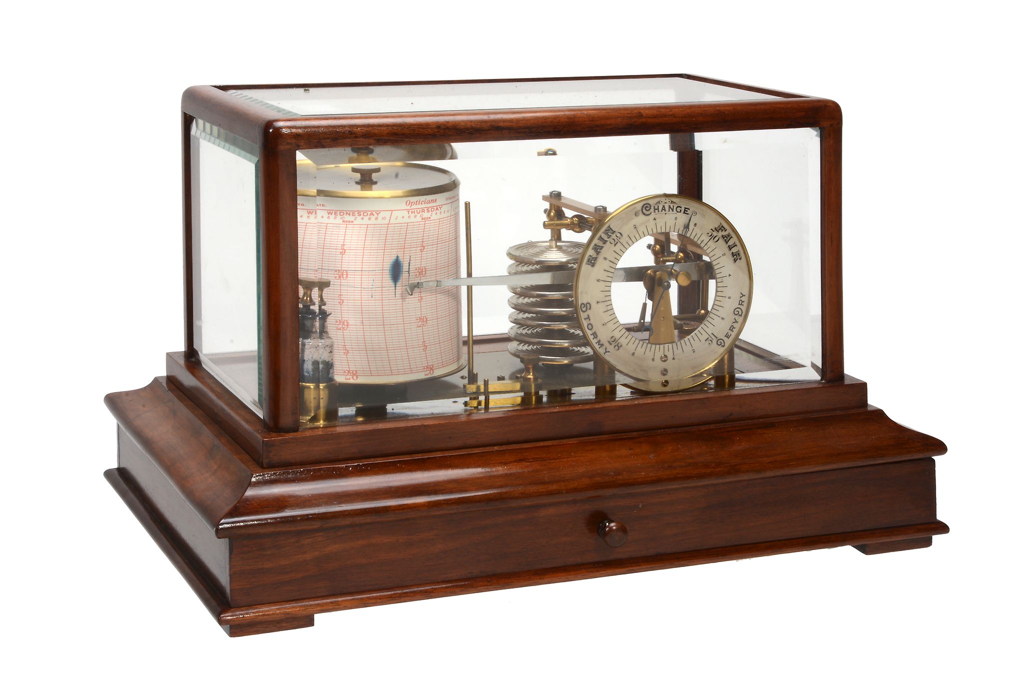 A mahogany barograph with barometer dial Retailed by Harrods Limited, London