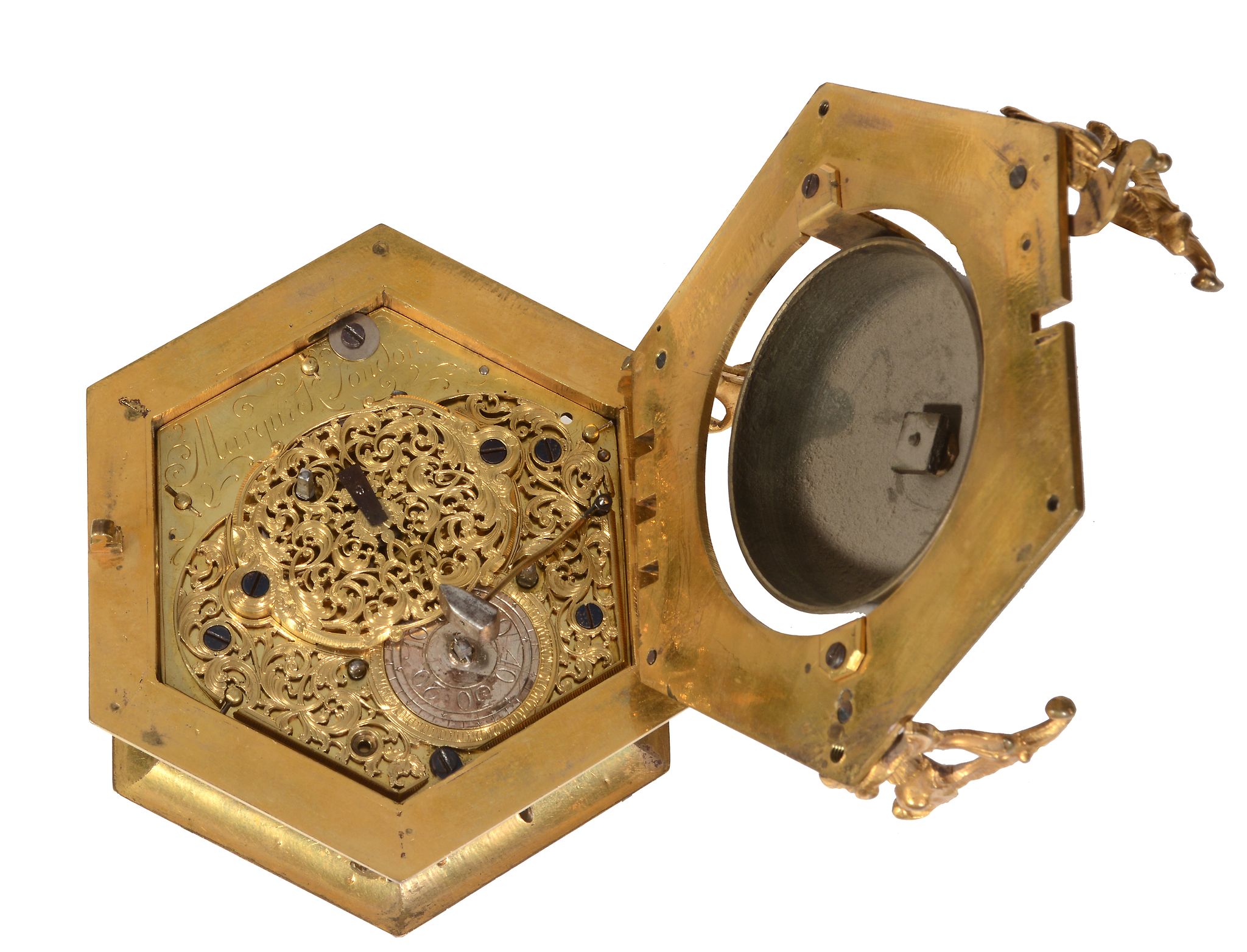 A fine Germanic gilt brass hexagonal horizontal striking table clock Signed... - Image 2 of 4