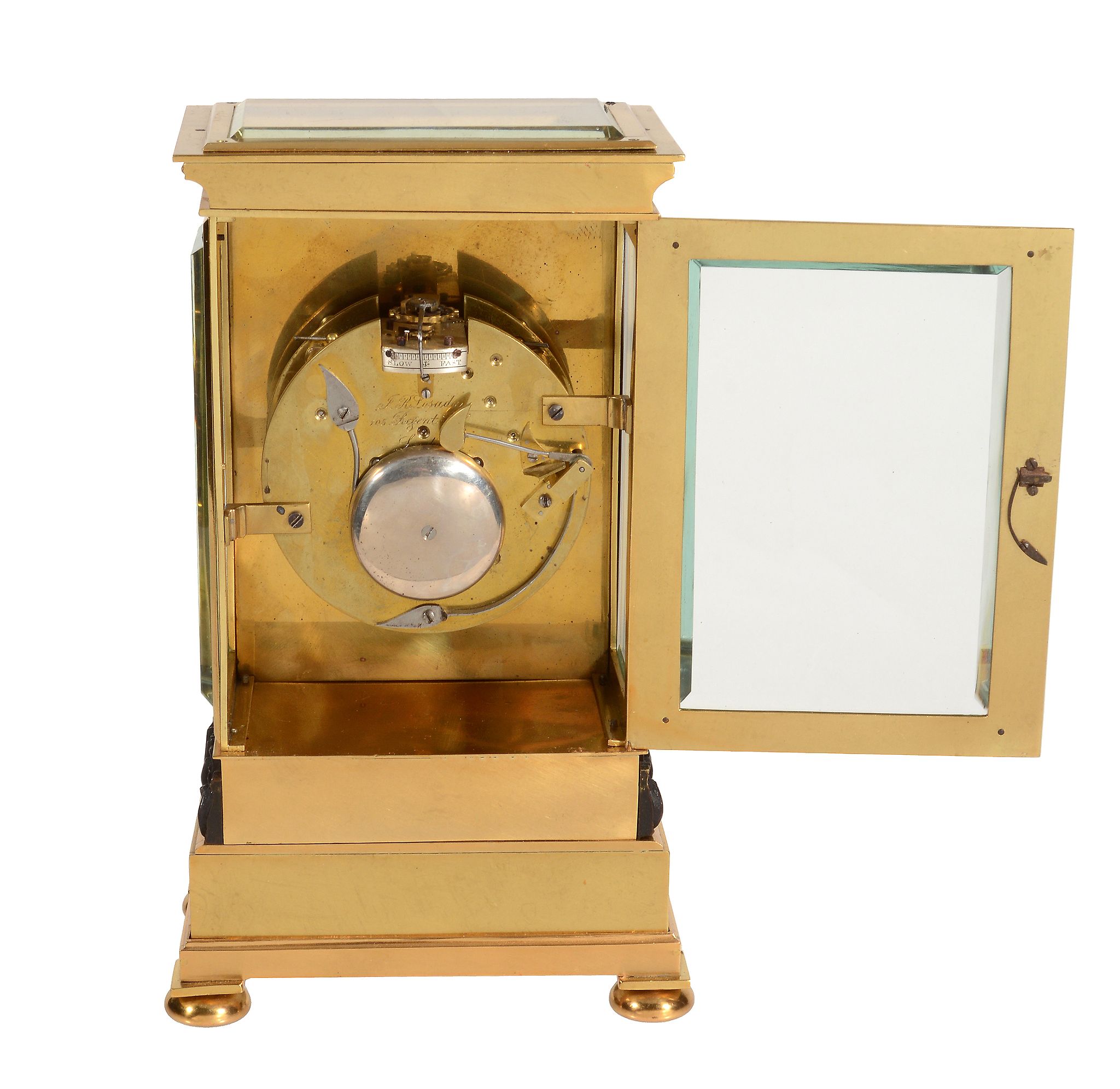 An early Victorian small gilt and patinated brass four-glass mantel clock... - Image 3 of 4