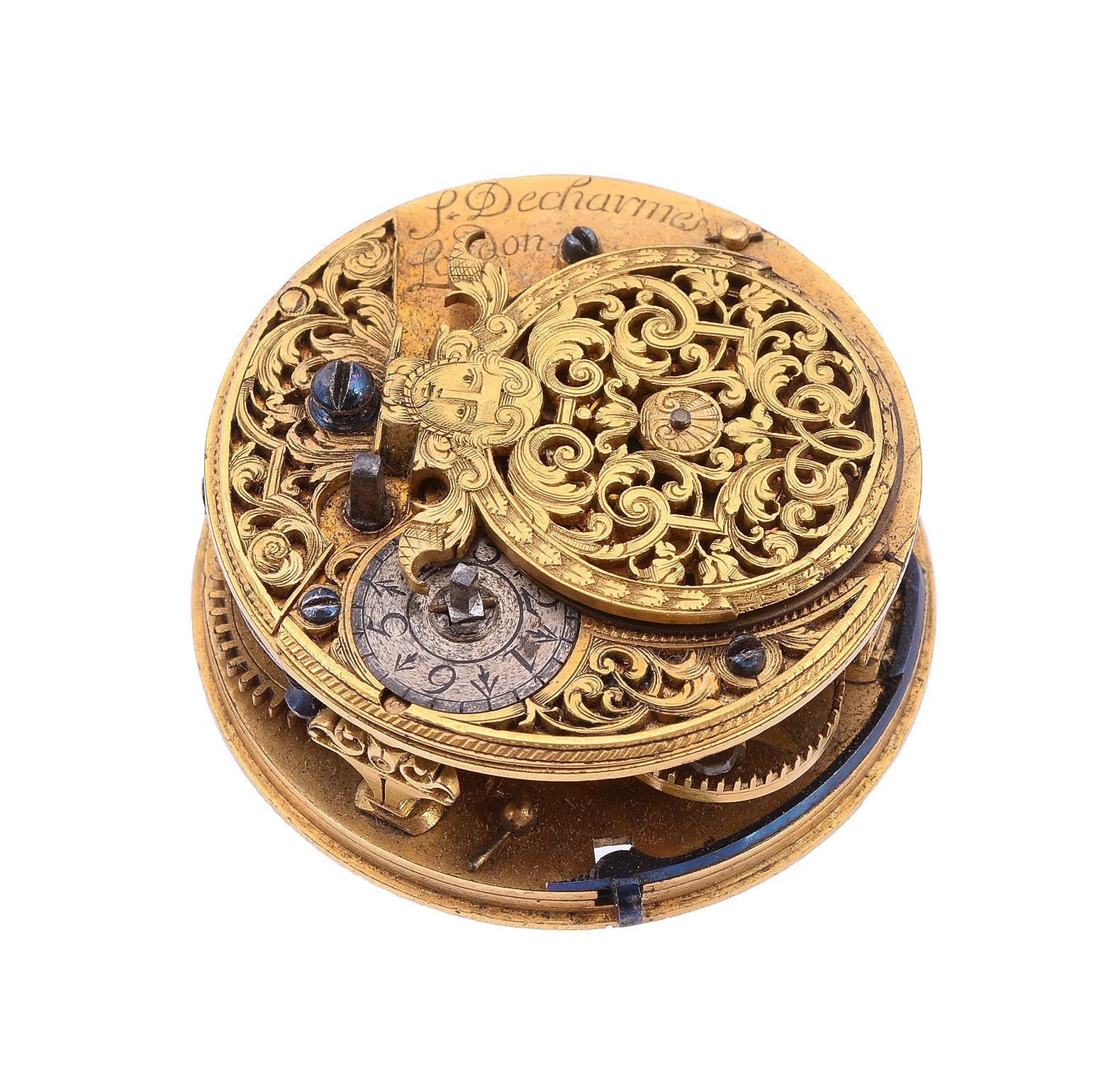 A William III gilt brass verge pocket watch movement Simon Decharmes, London