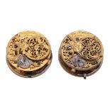 Two very similar George II gilt brass verge pocket watch movements George...